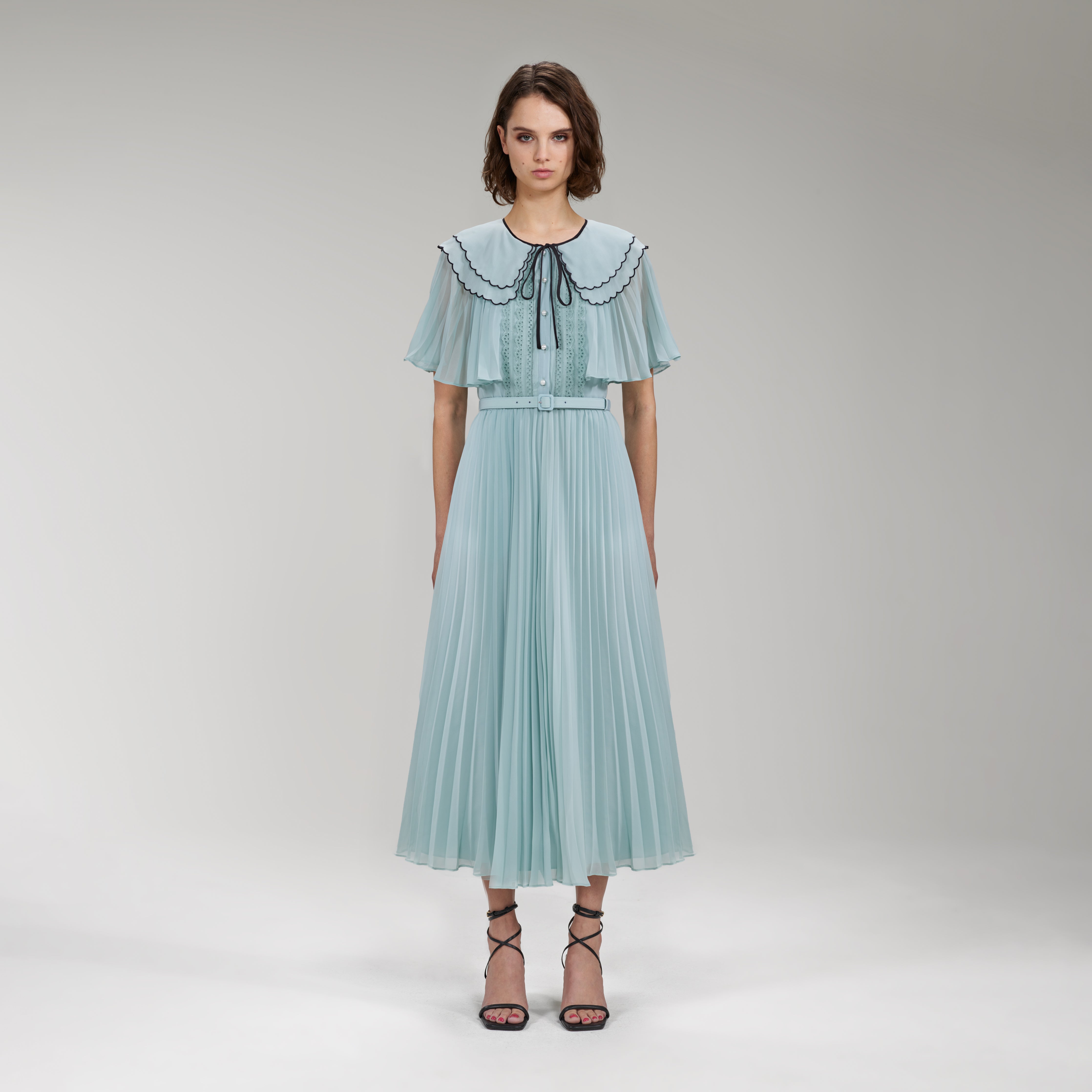 Light Blue Chiffon Scallop Collar Midi ...